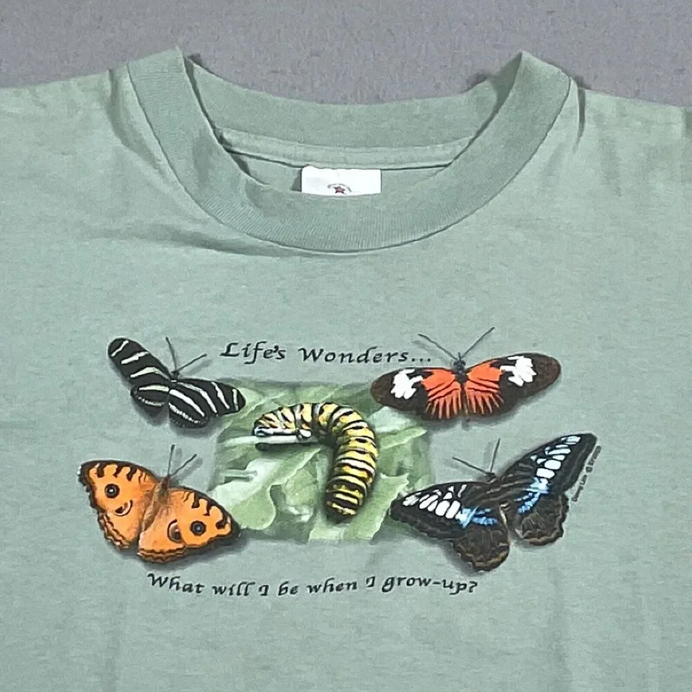 Vintage Shirt Medium Caterpillar Butterflies Made in USA Single Stitch Green‎